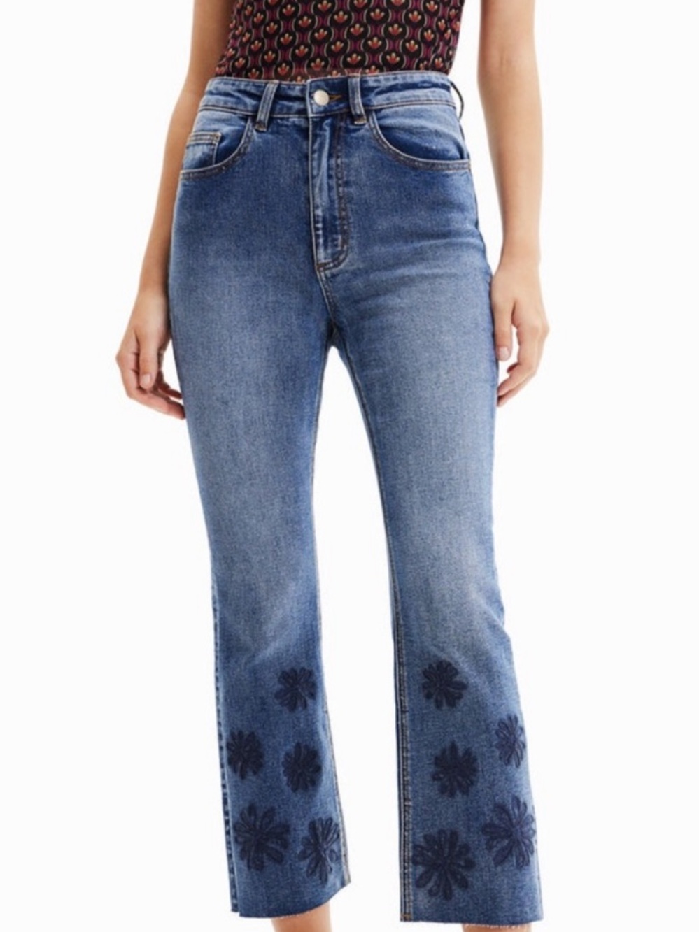 Desigual Blue Cropped Flare Jeans with Dark Floral Embroidery